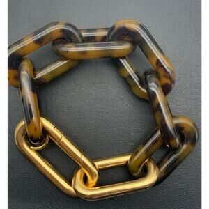 J Crew Faux Tortoise Shell & Gold Tone Chunky Chain Link Bracelet Signed